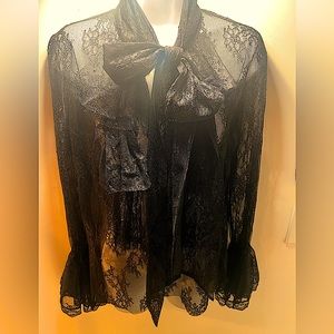 ZARA long sleeve lace shirt with v-neck and long bow tie.  Size MEDIUM